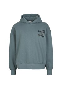 Felpa con cappuccio in un verde teal tenue, realizzata in tessuto morbido. Presenta una grafica frontale con testo nero e polsini e orlo a coste aderenti.