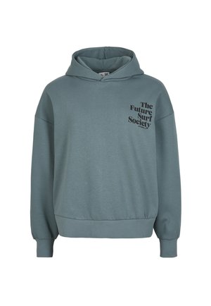 Sudadera con capucha en teal apagado, hecha de una tela suave. Presenta un gráfico frontal en texto negro y puños y dobladillo acanalados ajustados.