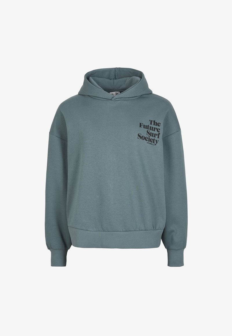 Hoodie in sanftem Teal, aus weichem Material hergestellt. Mit einem Frontgrafik in schwarzer Schrift und eng anliegenden Rippbündchen und Saum.
