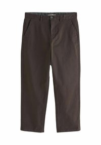 Pantaloni in cotone marroni con design a gamba dritta, tasche frontali e chiusura con bottone. Texture liscia e finitura pulita.