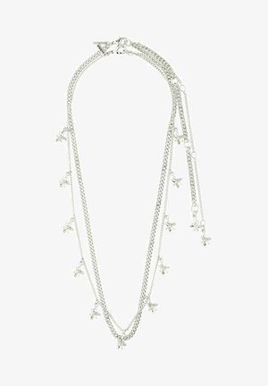 Hõbedane mitme ahelaga kaelakee, millel ripuvad lillepärlid, erineva pikkusega ahelad ja konksuga kinnitamine. Sile metallpind.