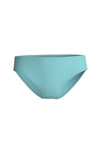 Turquoise bikini onderkant met een gladde textuur, mid-rise ontwerp en minimale naden voor een slanke silhouette.