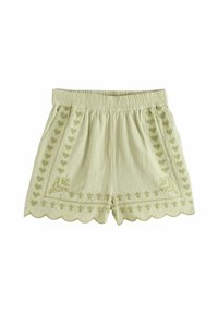 Helles grünes Shorts aus weichem Stoff, mit gewellten Kanten und einem gestickten Herzmuster an den Seiten. Mit elastischem Bund.
