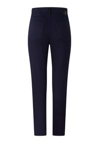 Námořnické modré kalhoty se rovný střihem, s kapsami na zadní straně a zapínáním na knoflík v pase. Hladká látka s minimálním zdobením.