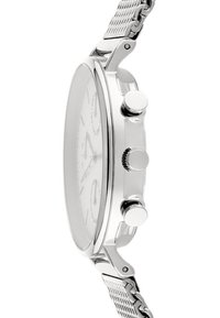 Orologio in acciaio inossidabile argentato con cinturino a rete, cassa ovale e quadrante bianco. Presenta tre subdials cronografici e pulsanti di avvio.
