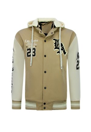 Beige en crème varsityjas met capuchon, knopen aan de voorkant, trekkoordjes en bedrukte tekst en cijfers op borst en mouwen.