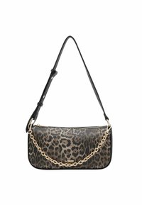 Sac à épaule en imprimé léopard, fabriqué en matériau synthétique, avec une chaîne dorée et des bords noirs lisses, fermeture zippée.