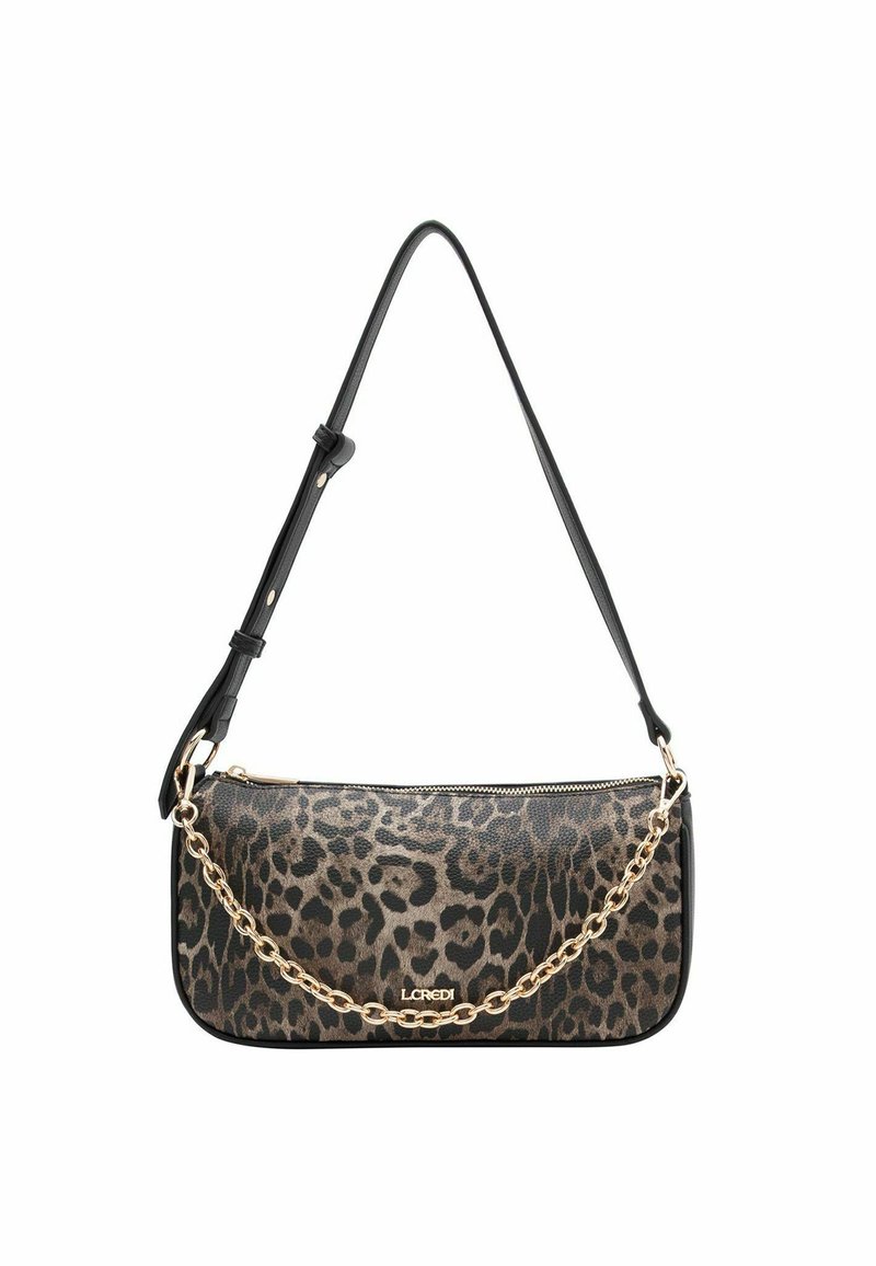 Sac à épaule en imprimé léopard, fabriqué en matériau synthétique, avec une chaîne dorée et des bords noirs lisses, fermeture zippée.