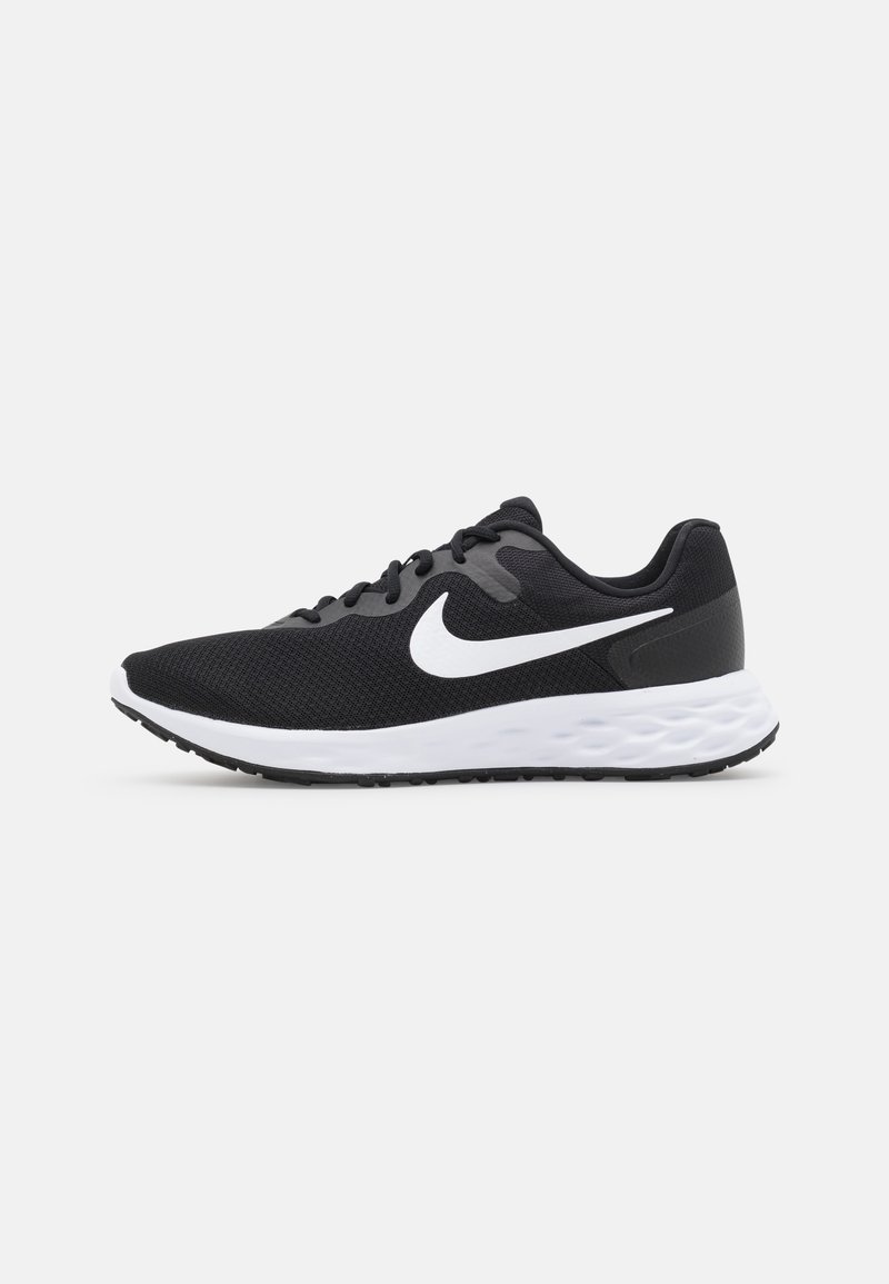 Black athletic shoe with a breathable mesh upper, white swoosh logo, cushioned white midsole, and black rubber outsole.
