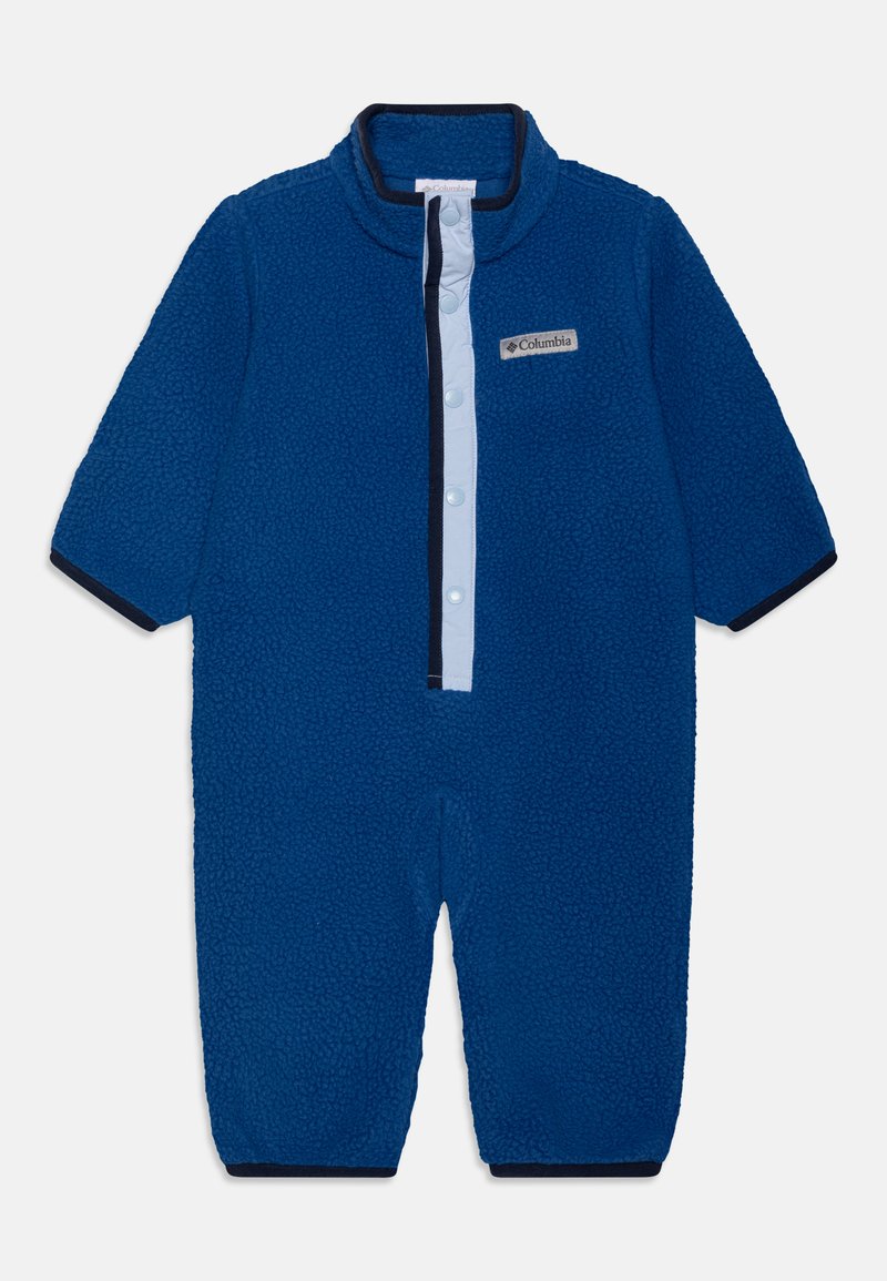 Fato de fleece azul com colarinho alto, fecho frontal de botão de pressão e acabamento em azul marinho nas mangas e no pescoço. Apresenta o logo da Columbia na parte da frente.
