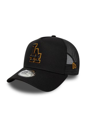 Black cap with a structured front, mesh back, embroidered "LA" logo in gold, and a curved visor. Features adjustable sizing.