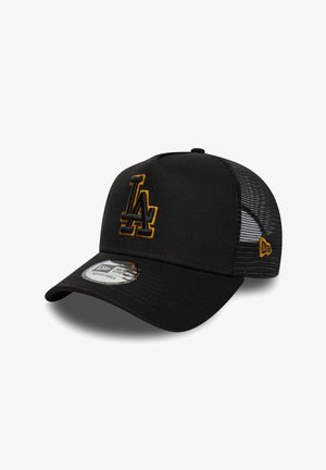 Black cap with a structured front, mesh back, embroidered "LA" logo in gold, and a curved visor. Features adjustable sizing.