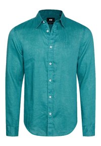 Azurově modrá košile s dlouhým rukávem z lehké látky, s knoflíkovou légou vpředu, špičatým límečkem a zakřiveným lemem, s bílými knoflíky.