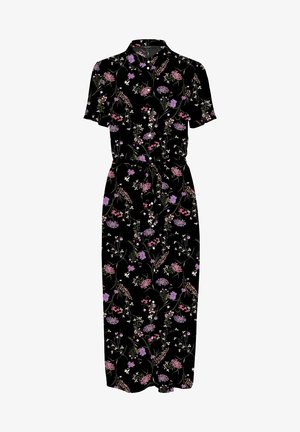 Schwarzes Midi-Kleid mit kurzen Ärmeln, lila-, rosa- und weißem Blumenmuster, durchgehender Knopfleiste, Kragen und Taillengürtel.