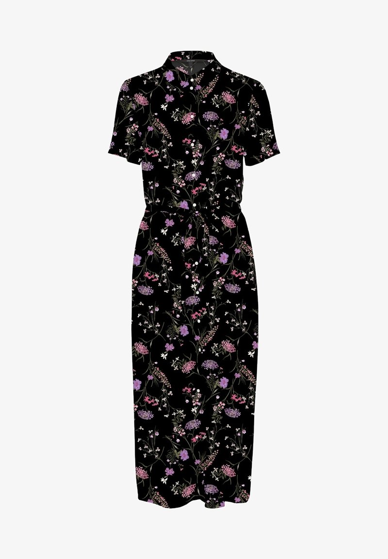 Zwarte midi-jurk met korte mouwen, voorzien van een paarse, roze en witte bloemenprint, een knoopsluiting aan de voorkant, een kraag en een ceintuur om de taille.