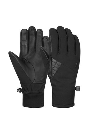 Black gloves with a leather palm and textile back, featuring a textured patch and elastic wrist closure for a secure fit.