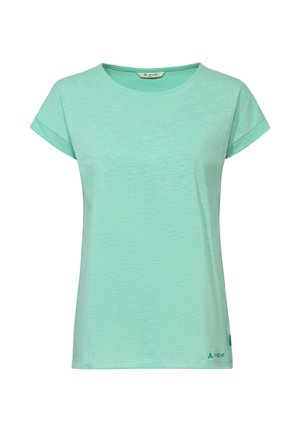 Hell-türkisfarbenes Damen-T-Shirt mit kurzen Ärmeln, rundem Ausschnitt und kleinem Logo nahe dem unteren Saum vor weißem Hintergrund.