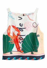 Gekürztes Tanktop aus leichtem Stoff mit einem Design von einem roten Hummer, grünen Muscheln und bunten Wellenakzenten. Reißverschlussverschluss hinten.