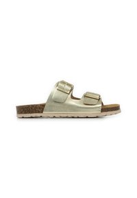 Sandalo metallico dorato con due cinturini regolabili a fibbia, suoletta in sughero e suola in gomma per comfort e durata.
