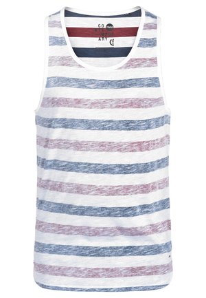 Gestreifter Tanktop in Weiß, Marineblau und Rot. Verfügt über horizontale Streifen mit einem weichen, strukturierten Material und einem abgerundeten Ausschnitt.