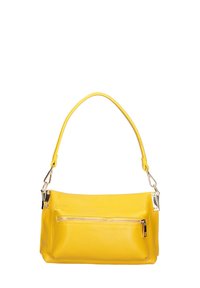 Borsa a tracolla in pelle gialla con finitura texturizzata, una sola tracolla e una tasca frontale con zip caratterizzata da dettagli in hardware argentato.