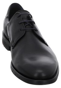 Schwarze Leder-Halbschuhe mit glatter Textur, klassischem Schnürdesign, runder Spitze und einer robusten Gummisohle.