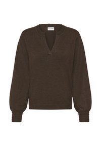 Tamno smeđi pulover s V-izrezom, elastinim balon rukavima i rebrastim rubom. Meka tekstura, minimalistički dizajn i lagani materijal.