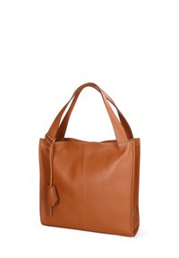 Bruine leren tote bag met gestructureerd oppervlak, twee bovenhandvaten en een afneembare accentdetails. Rechthoekige vorm met stiksels.