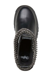 Black ankle boot with a smooth surface, featuring a decorative silver chain accent around the opening and elastic side inserts for easy wear.
