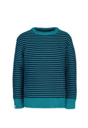 Langærmet strikket sweater med vandrette striber i teal og mørkeblå, ribstrikkede manchetter, kant og rund halsudskæring.