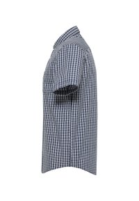 Koszula krótki rękaw w granatowo-białą kratkę, wykonana z lekkiego materiału. Posiada kołnierz zapinany na guziki oraz prosty dół.