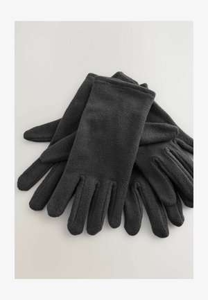 Et par sorte fleecehandsker med en blød tekstur, lagt fladt og overlapper hinanden på en ensartet lys overflade.