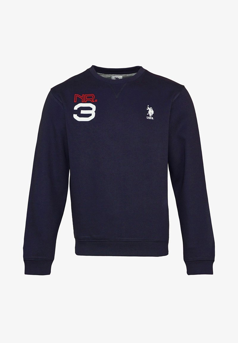 Granatowy sweter z bawełnianym dodatkiem, z okrągłym dekoltem, długimi rękawami, logo na klatce piersiowej oraz czerwonym napisem "NR. 3".