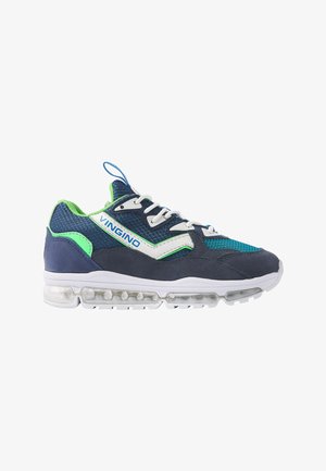 Navy and green athletic shoe with mesh fabric, white accents, and transparent air cushioning sole. Features a blue lace loop and branding.