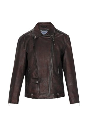 Braune Leder-Motorradjacke mit einem Reißverschluss vorne, Druckknöpfen, Seitentaschen und strukturierter Oberfläche. Mit einem stilvollen Kragen und einer taillierten Passform.