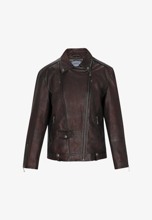 Pruun nahk mootorratta jope lukuga ees, nööpidega kinnitused, küljetaskud ja tekstureeritud pinna viimistlus. Omab stiilset kraed ja istuvat disaini.