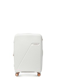 Weißer Hartschalenkoffer mit diagonalen Rillen, vier roségoldenen Spinnerrollen und einem "Wittchen"-Logo-Schild an der Vorderseite.