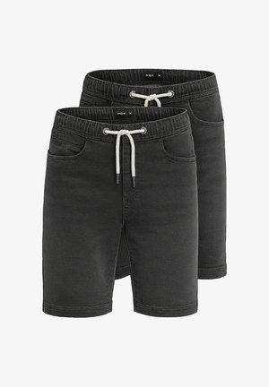Sort denimshorts med en afslappet pasform, elastisk talje og hvid snor. Har to forlommer og en glat tekstur.