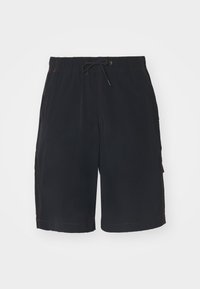 Shorts cargo noirs avec une taille élastique, un cordon de serrage, des poches latérales et des coutures contrastées. Fabriqués en tissu léger.