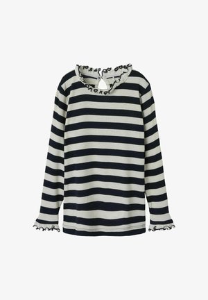 Haut à manches longues à rayures en navy et crème, avec un col et des poignets volantés, présentant un dos à découpe en forme de clé avec fermeture à bouton.