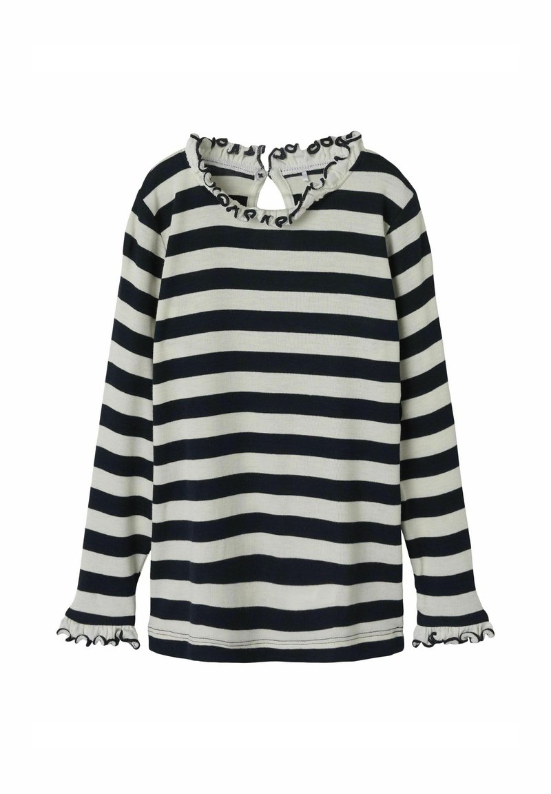 Długo rękawowy top w paski w kolorze granatowym i kremowym, z falbaniastym dekoltem i mankietami, z wycięciem w kształcie łezki z zapięciem na guziki z tyłu.
