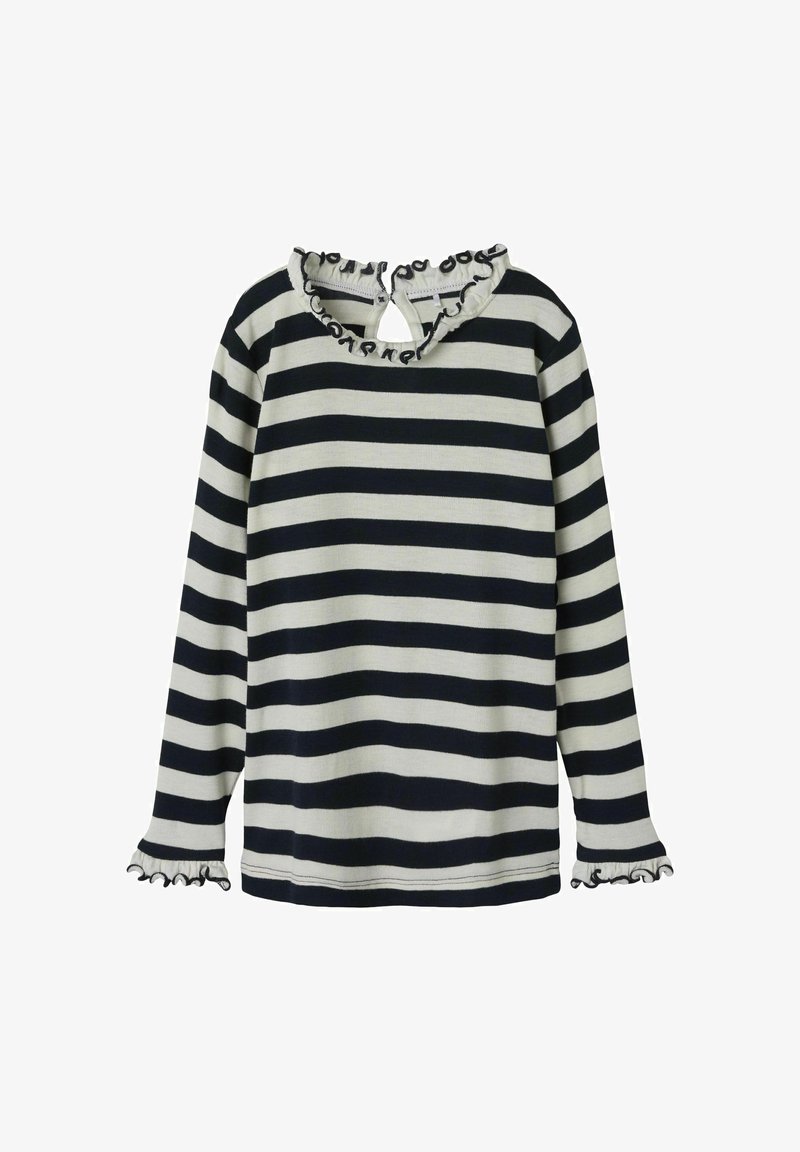 Langzaam mouwen gestreepte top in marineblauw en crème, met een ruches halslijn en manchetten, voorzien van een sleutelgat achteraan met knoopsluiting.