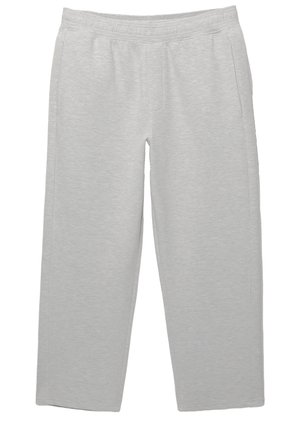 Soft grey sweatpants made of cotton blend, featuring an elastic waistband, side pockets, and a straight-leg design.