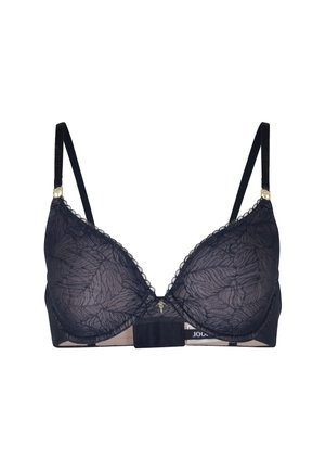 Reggiseno in pizzo blu navy con motivo floreale, coppe imbottite, spalline regolabili e un accento decorativo dorato al centro. Chiusura semplice con ganci.