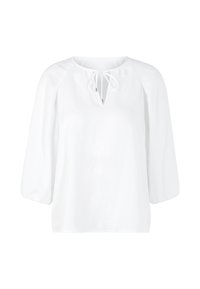Weißes Blusenoberteil mit Rundhalsausschnitt und einer Schleifenöffnung an der Vorderseite. Verfügt über lange, puffige Ärmel und einen glatten, leichten Stoff.