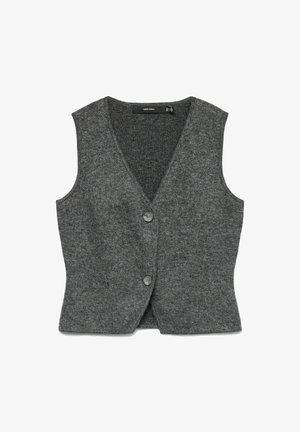 Pelēks vilnas uzvalks ar V-veida kaklaizgriezumu, diviem pogām un rokascaurumiem, piegriezums pielāgots un ar tekstūru.