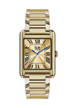 Rektangulært ur i guldfarvet metal med metalledrem, sorte romertal, blå time-, minut- og sekundviser samt "ice watch"-logo på urskiven.