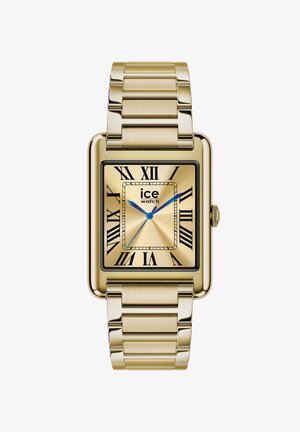 Rechthoekig horloge in goudkleur met metalen schakels, zwarte Romeinse cijfers, blauwe uur-, minuut- en secondewijzers en het "ice watch"-logo op de wijzerplaat.
