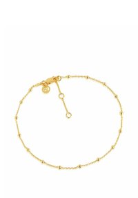 Guld kædearmbånd med jævnt fordelte sfæriske perler, blank finish og en klipslås med justerbar længde og charm detalje.