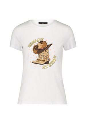 White cotton t-shirt featuring a graphic design of cowboy boots and a hat. Text reads "SHERIFF AT HOME" with star accents in orange.